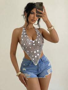 Swim SXY New Arrival Women's Deep V-Neck Sequin Tie-Up Sexy Knit Top - Grey - View 9