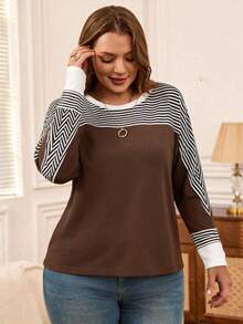 Rosumi Plus Size Women's Casual Crew Neck Striped Batwing Sleeve T-Shirt, Spring/Fall,Fall Clothes For Women - Brown - View 1