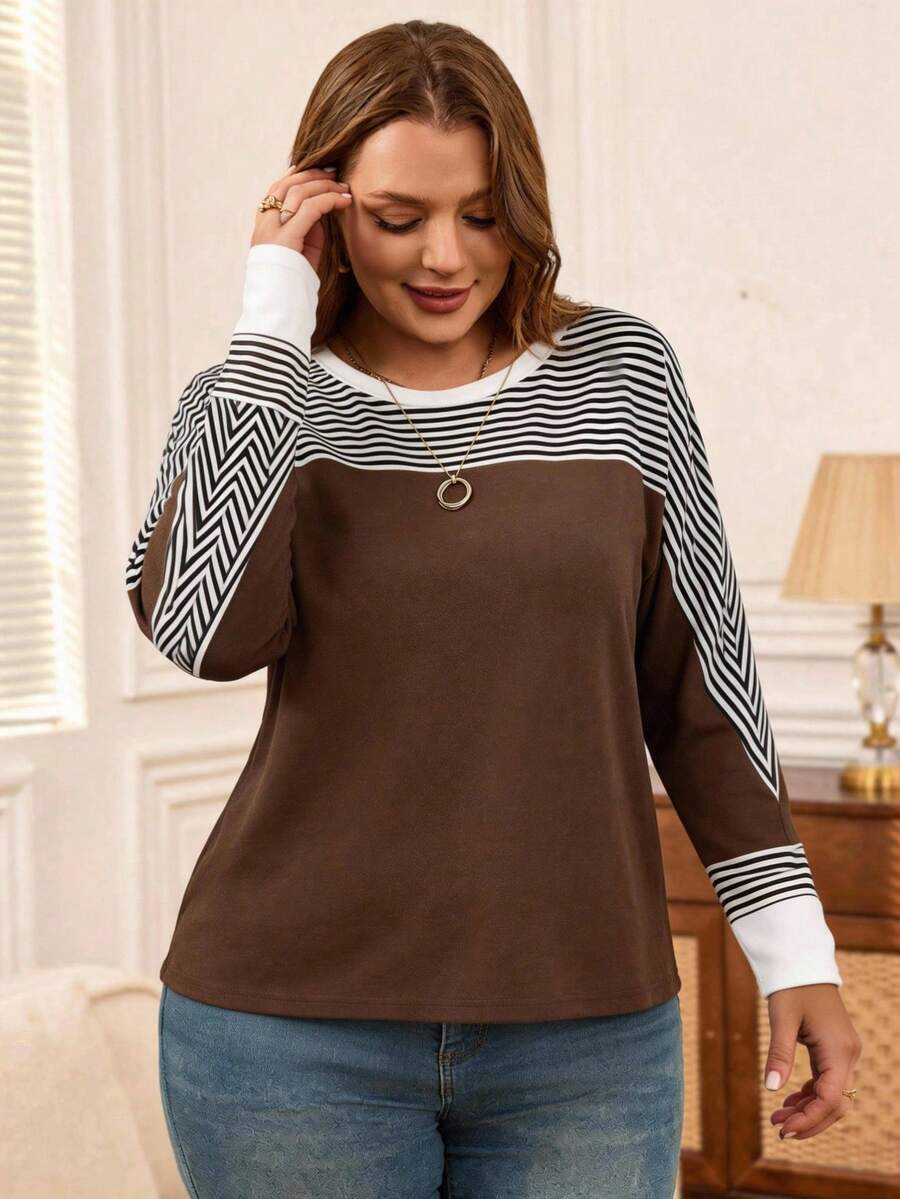 Rosumi Plus Size Women's Casual Crew Neck Striped Batwing Sleeve T-Shirt, Spring/Fall,Fall Clothes For Women - Brown - View 1