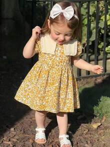 LMoss Kids Baby Girl Cute Ditsy Floral Bubble Sleeve Square Neck Dress, Summer - Multicolor - View 1