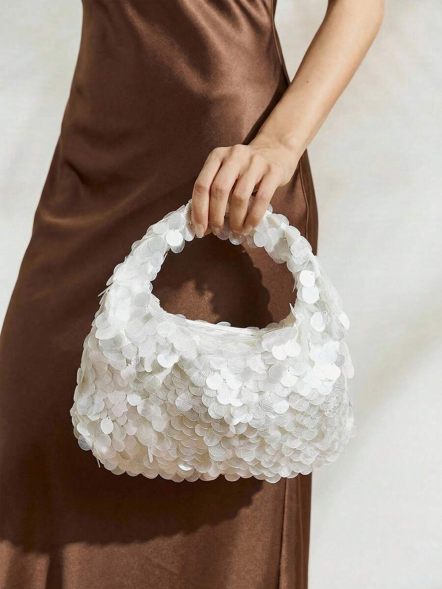 SHECARRY Borse a mano da donna, rotonde, con paillettes a imitazione di conchiglie, alla moda, eleganti, semplici, personalizzate, versatili, classiche, adatte per pendolarismo, ufficio, appuntamenti, uso quotidiano, shopping, tè pomeridiano, spiaggia, vacanze, festività, estate, lungomare (motivo casuale). - Bianco sporco - Visualizzare 1