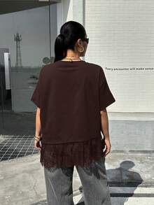 Muchica Plus Size Women Chocolate Brown Lace Hem Short Sleeve T-Shirt - Chocolate Brown - View 2
