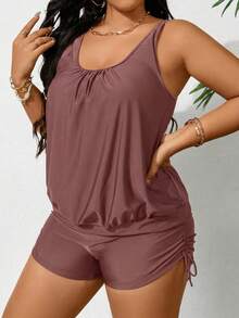 Swim Lushoire Plus Size Women's Solid Color Pleated Tankini Bikini Set Set, Beach & Resort Style - Dusty Pink - View 6