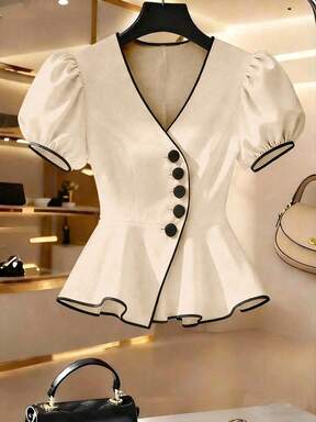 Franclia Summer New Waist-Cinching Colorblock Button Decor Shirt, Elegant Vibe Brunch Black And White