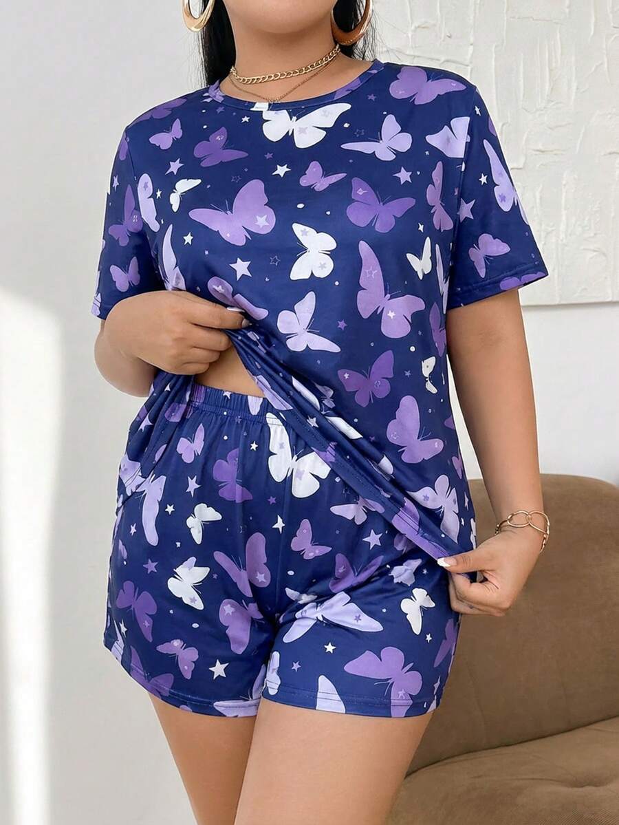 SHEIN Butterfly Print Round Neck Short Sleeve Shorts Pajama Set, Plus Size - Blue - View 1
