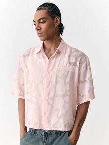 SWAVVY Áo sơ mi nam mùa hè kiểu dáng thường ngày, màu trơn, chất liệu jacquard. - Hồng - Xem 3