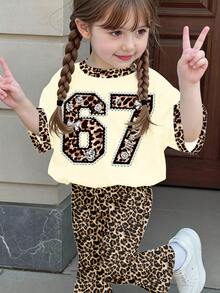 2pcs/Set Young Girl Casual Minimalist Numeric Print Round Neck Short Sleeve T-Shirt And Leopard Print Flare Pants, Suitable For Summer - Multicolor - View 2