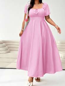 Solflare Plus Size Women Cerise Pink Summer Curve Dress,Short Sleeve Tie Front Waist Cinched Elegant Holiday Party Outfits,Casual Wedding Guest Dress - Pink - View 4