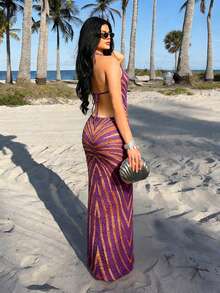 Zyxie 女士度假休闲性感透视印花吊带露背连衣裙，修身性感，适合派对、约会、邮轮、度假、海滩、音乐节等场合，波西米亚风格 - 彩色 - 查看 2