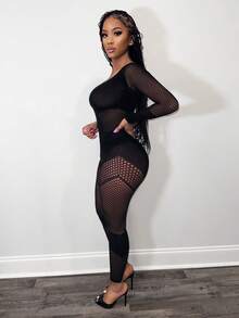 BamGleam Bộ jumpsuit xuyên thấu lưới khoét hở gợi cảm dành cho nữ - màu đen - Xem 3