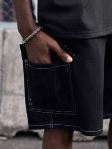 Loose Fit Men's Denim Shorts With Flap Pockets And Side Design Baggy Distressed Jorts Plain Black Work Basic Friends Hiking Urban Vacation Work - Black - View 5