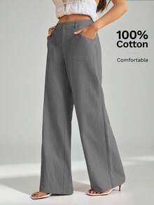 SHEIN Tall 100%水洗棉低腰直筒長褲，適合高個女性 - 灰色 - 查看 3
