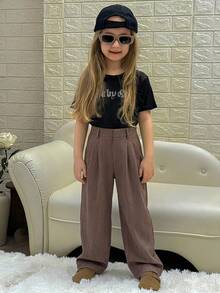 DAZY Tween Girls Solid Color Woven Wide Leg Pants, Fall - Brown - View 2