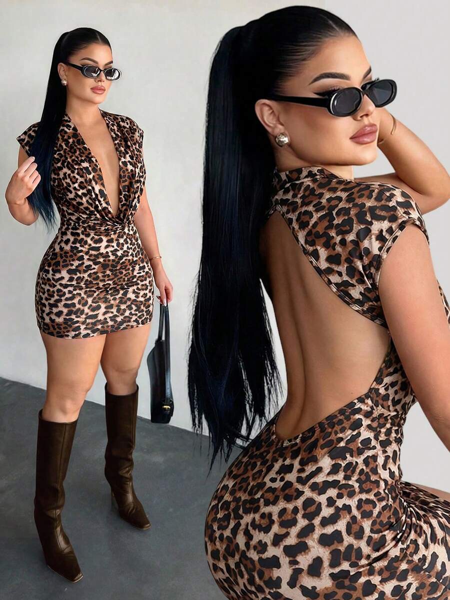 SHEIN SXY Vestido sexy e elegante com estampa de leopardo e costas nuas - Castanho - Ver 1