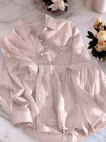 Airaco 2025 亮片休闲两件套女装，轻盈百搭衬衫和阔腿短裤，夏季 - 藕粉色 - 查看 6