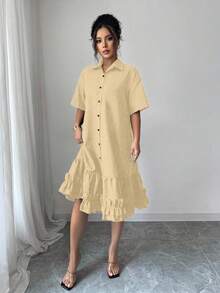 Selianne Women's Summer Loose Artistic Design Frill Trim Patchwork Dress Tea Party Orange Casual - Apricot - View 4