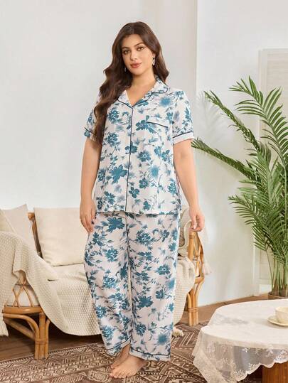 SHEIN 水彩花卉印花荷叶边领加大码女士睡衣套装