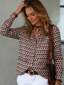 LUMIGAL Allover Geo Print Button Front Long Sleeves Shirt,Long Sleeve Tops Fall Cloth For Women - Multicolor - View 3