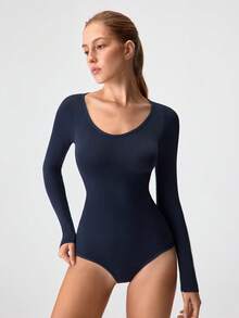 Loungeista 1件装女士黑色无缝圆领长袖塑身衣，全包覆舒适连体衣 - 藍色 - 查看 4