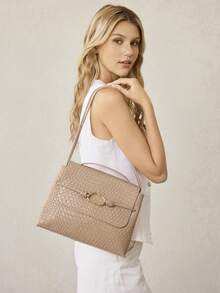 MOTF PREMIUM BOLSO DE HOMBRO BEIGE DE MUJER, ELEGANTE Y CASUAL, CON TEXTURA ESTAMPADA TRENZADA, DE GRAN CAPACIDAD, PARA IR AL TRABAJO, PARA COMPRAS, PARA USO DIARIO - Caqui - Ver 8