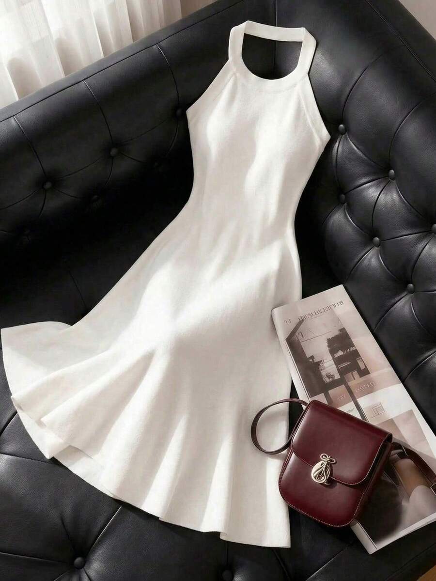 Franclia Gaun Sweater Rajut Halter Warna Polos Elegan untuk Wanita - Krim - View 1