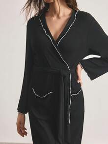 Ocili Comfortable Ribbed Cotton Contrast Color Frill Trim Small Lapel Soft Short Robe, Women Sleepwear Bathrobe - Black - View 4