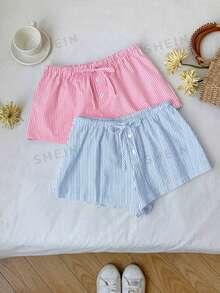Comfortcana 2pcs Women Casual Button, Tie-Front Shorts Set, Suitable For Summer - Multicolor - View 6