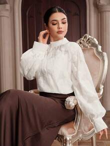 Graceveil Áo sơ mi nữ cổ đứng, chất liệu jacquard, kiểu dáng thường ngày, đa năng. - Màu be - Xem 7