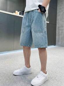 男童休闲复古水洗牛仔短裤，多口袋设计，浅蓝色 - 藍色 - 查看 3