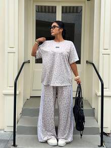 Muchica 加大码夏季休闲豹纹拼接条纹短袖T恤和短裤两件套 - 淺灰色 - 查看 6