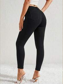 Selenza Jeans de cintura alta, delgados, casuales y versátiles de unicolor - Negro - Ver 2