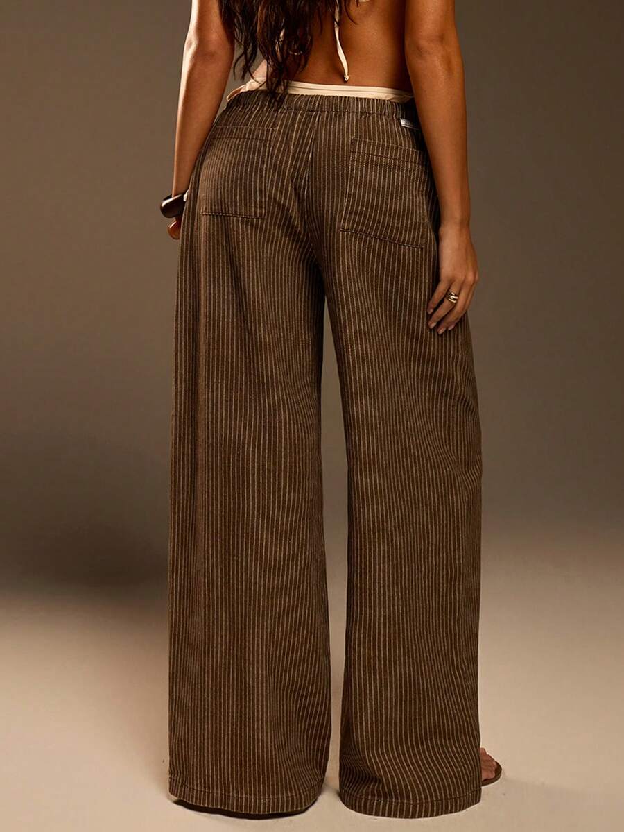 Athîral Quần jeans ống rộng kẻ sọc màu kaki cạp chun dành cho nữ, thích hợp cho kỳ nghỉ hè/mùa xuân. - Cà phê nâu - Xem 1