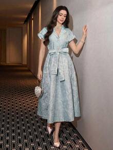 Modelyn 女士春夏粉色提花织纹短袖纽扣领收腰A字优雅连衣裙 - 藍色 - 查看 7