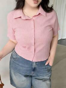 Dazy Plus Camiseta de manga corta ajustada con textura de tela, primavera/verano - Rosa Pálido - Ver 5
