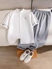 两件套青少年男士绅士套装，白色衬衫+灰色长裤，绅士西装，商务优雅，适合学校、生日派对、休闲等场合，简约风格 - 白色 - 查看 7