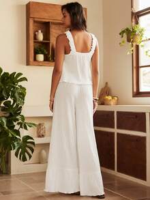 Women's Bohemian Spaghetti Strap Tank Top And Wide Leg Pants Pajama Set, Spring/Summer - White - View 2