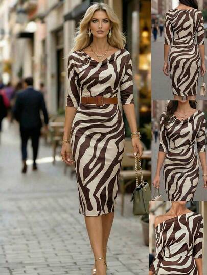 Editum Elegant Women's Zebra Print Wrap Neck Or Asymmetric Shoulder Knit Dress With Waist Cinching, Suitable For Commute, Vacation, And Dates Animal Print Dress For Women Zebra Print Dress Pencil Dress For Women Office Dresses For Ladies Dresses For Women Casual Festival Outfits Women Elegant Outfits Wiggle Dress Women's Dress Formal Wear Wommen Dress Work Dresses For Women