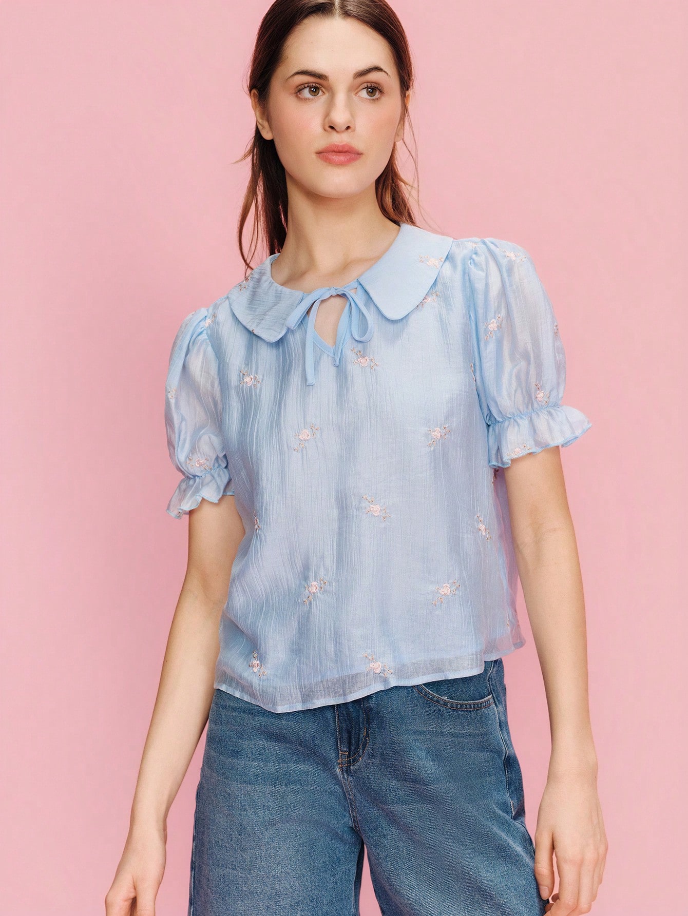 Blue Loose Fit Blouse With Floral Embroidery Puff Shoulders, Keyhole Neck Spring Summer Wear To Wear Blouse For Women Casual Women Blouse Top
