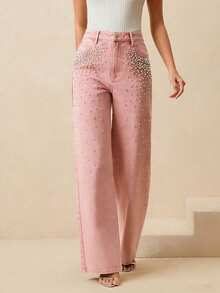 Anewsta Women's Straight-Leg Elegant Party Pants With Rhinestones, Suitable For Spring, Valentine's Day, Christmas, And Formal Occasions - Pink - View 4
