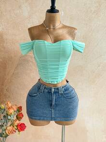 Soleia Áo nữ kiểu dáng thường ngày, màu trơn, hở vai, thắt dây chéo phía sau, xếp ly, thích hợp cho kỳ nghỉ. - Màu xanh nhạt - Xem 1