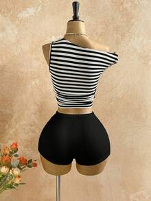 Soleia 新款休闲度假西部海滩婚礼宾客礼服，毕业早午餐，圣帕特里克节，春假，复活节，音乐节，优雅波西米亚热带风情毛绒棕色针织不对称露肩花卉露背两件套女装 - 黑色 - 查看 2