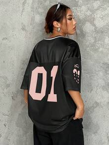 SHEIN EZwear 休闲运动撞色宽松短袖T恤，数码印花，落肩设计 - 彩色 - 查看 2