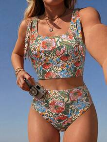 Swim Mod Bộ bikini nữ mùa hè, kiểu dáng thường ngày, họa tiết hoa ngẫu nhiên, phong cách retro, có dây đeo, thích hợp cho kỳ nghỉ biển. - Nhiều màu - Xem 3