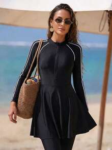 Swim Mulvari Bộ đồ bơi Burkini kín đáo, thanh lịch dành cho nữ, có khóa kéo, thích hợp cho kỳ nghỉ biển. - Đen và trắng - Xem 7