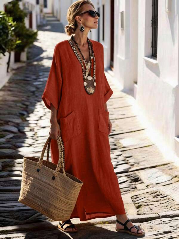 SHEIN Holidaya Vestido casual suelto de cuello en V tipo lino, nuevo para el verano