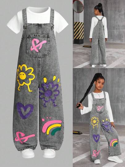 SHEIN Sparklyn Bộ jumpsuit dáng suông rộng rãi, thoải mái, thoải mái dành cho bé gái, màu xám bạc, chất liệu denim mềm mại, có dây đeo điều chỉnh được, in họa tiết hoa, trái tim, cầu vồng theo phong cách Y2K, thích hợp để mặc cùng áo tay ngắn/tay dài, hoàn hảo cho mặc hàng ngày, hoạt động ngoài trời, kỳ nghỉ và du lịch.