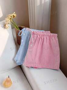 Comfortcana 2pcs Women Casual Button, Tie-Front Shorts Set, Suitable For Summer - Multicolor - View 5