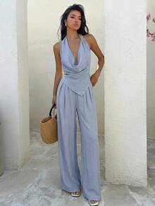 Aloruh 两件套：优雅简约混纺亚麻彩色休闲商务套装，适合春夏音乐节、复活节、圣帕特里克节、西部风、游牧风、生日派对、毕业典礼、学院风、学生装、日常穿着、休闲装、度假、邮轮旅行、海滩、日光浴、畅销款、街头风、婚礼宾客波西米亚风、通勤、早午餐、机场造型等场合。套装包含一件不对称打结设计的棕色纹理短款上衣和一条阔腿亚麻裤。 - 淺藍色 - 查看 8