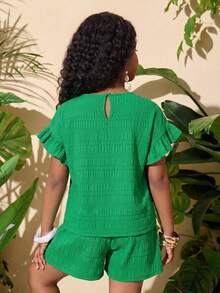 2pcs Tween Girls Casual Vacation Set: Short Sleeve Top & Elastic Waist Shorts - Green - View 2