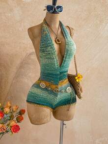 Soleia 女士扎染深V领性感吊带针织连体衣 - 綠色 - 查看 3